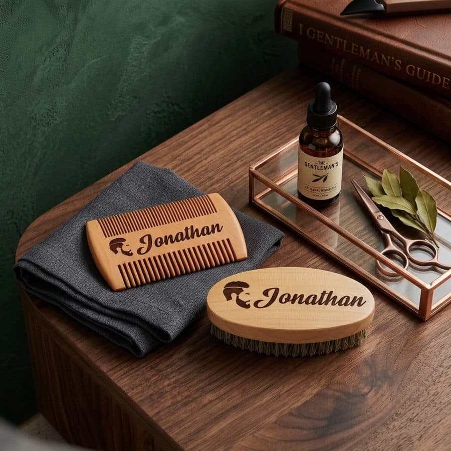Engraved wooden comb and brush grooming set
